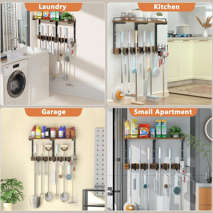 Mop Holder Wall Mount with Cleaning Supplies Organizer, Wood Mop and Broom Hanger Rack Organizer with Anti-Fall Wall Shelf with 5 Clips & Hooks for Garage Laundry Room Kitchen (Brown)