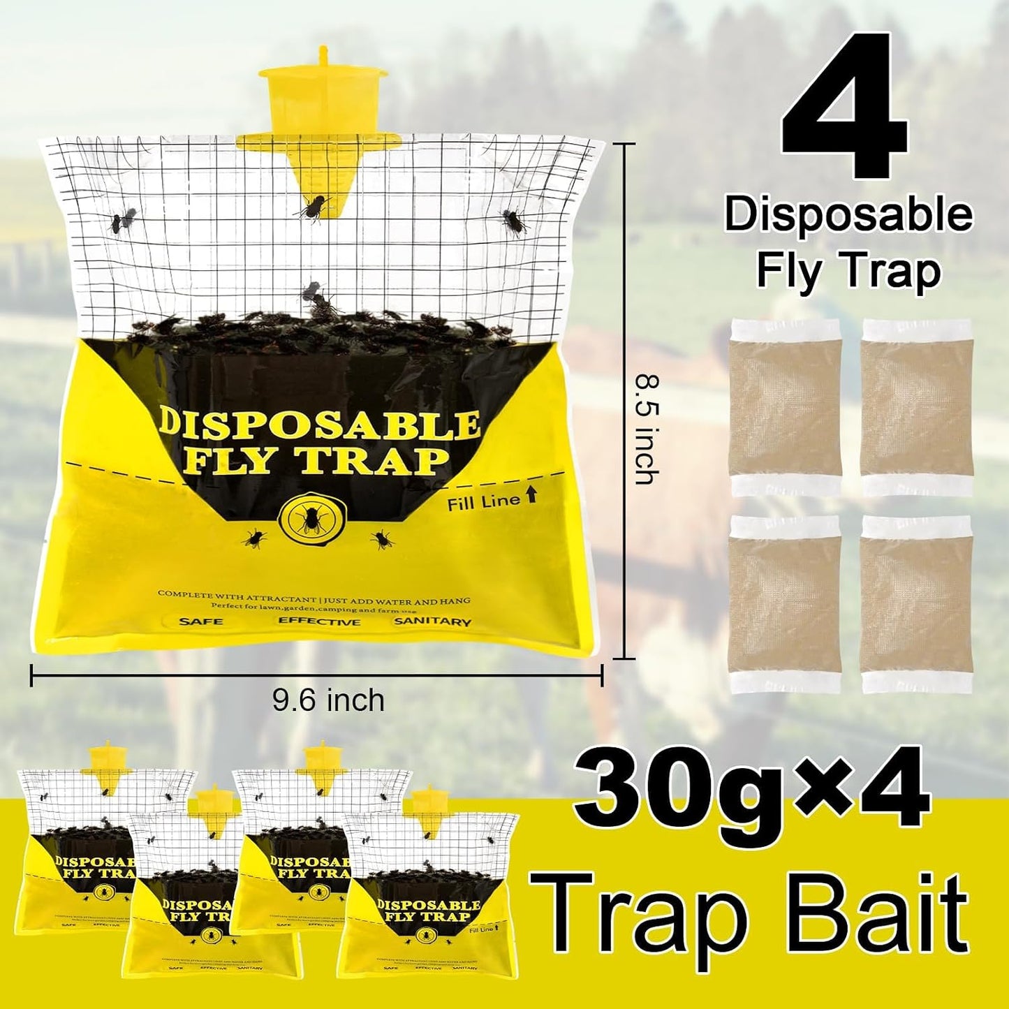 Glovv Fly Traps Outdoor Hanging with Fly Bait, 8 Pack Disposable Bags Hunter Ranch Trap, Pre-Baited Flies Bags Flies Control Bug Catcher Killer Repellent for Stable Horse Barn & Farm, All Filth Flies