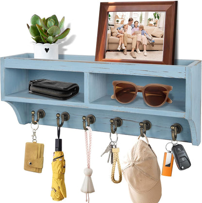 Key Holder Wall Mount - Mail Organizer Wall Mount with 6 Key Hooks and Storage Box for Sunglasses Storage and Dog Leash Holder Home Decor Rack Apartment Farmhouse Shelf Entryway Organizer (Black)