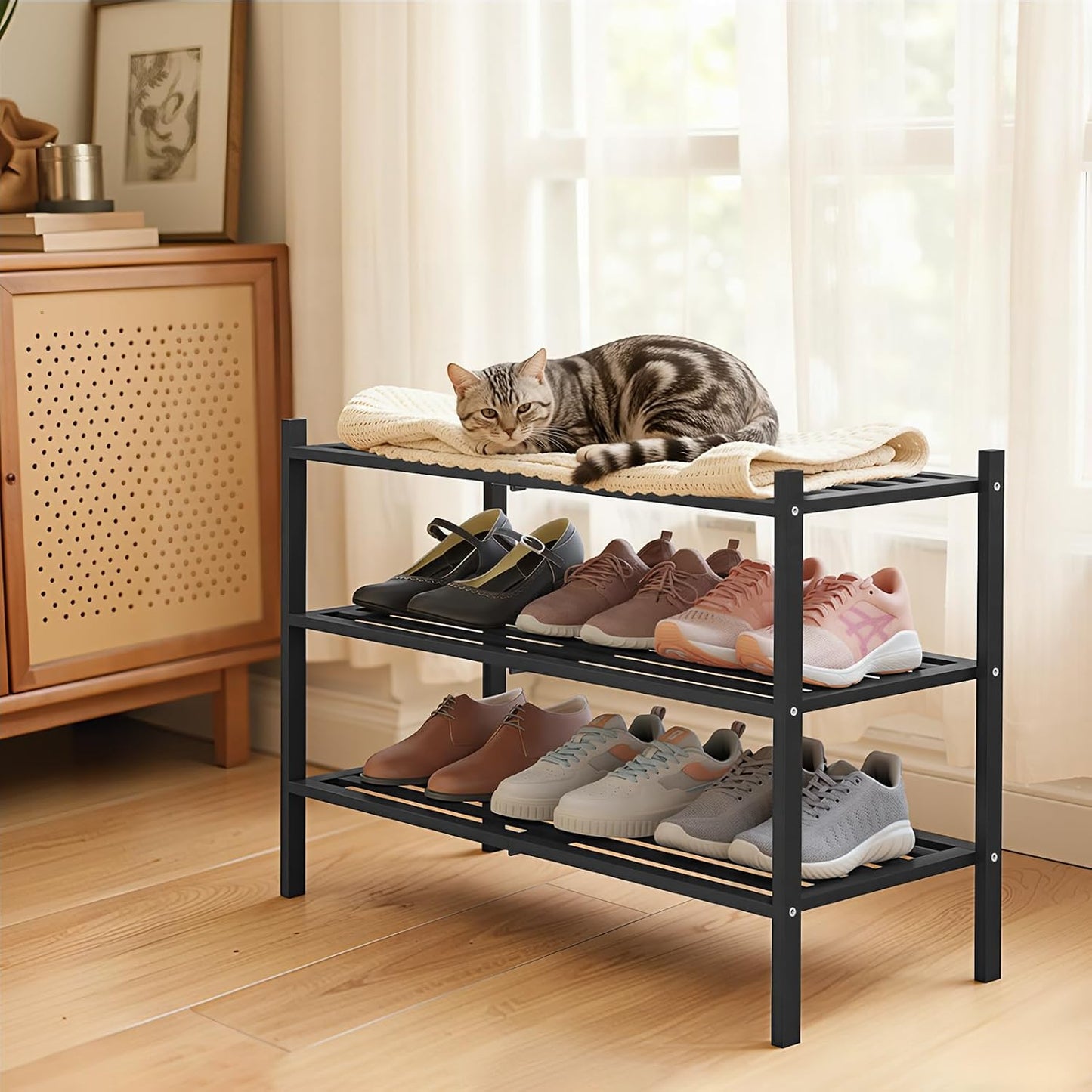 Smiry Bamboo Shoe Rack, 3 Tier Free Standing Wooden Shoe Organizer, Stackable Wood Shoe Storage Shelf for Closet, Entryway, 5 Horizontal Slats, 26.8"x11"x18.3", Natural