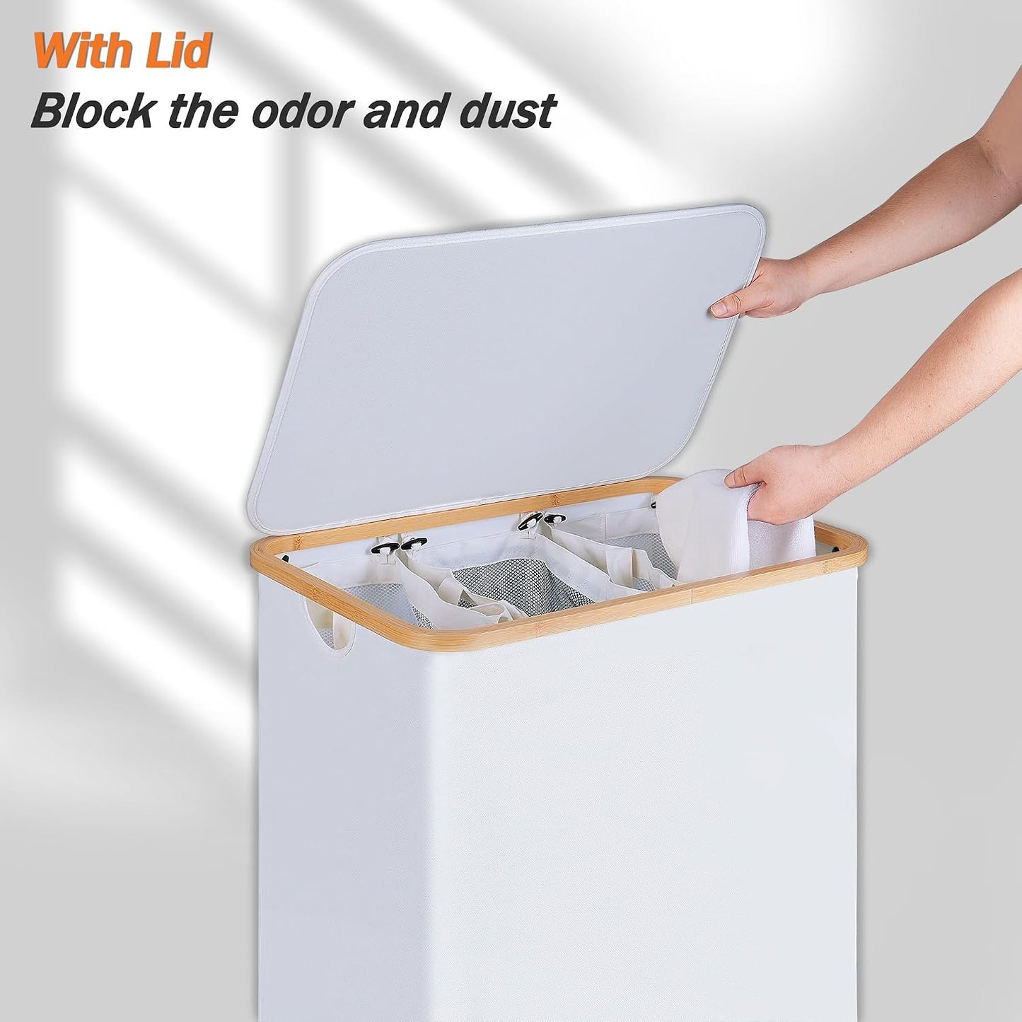 efluky Laundry Hamper with Lid, Trio Laundry Basket with 2 Removable Bags, 3 Section Laundry Bin with Bamboo Handles for Bathroom, Bedroom & Laundry Room, 160L (42.3 Gallon) Beige