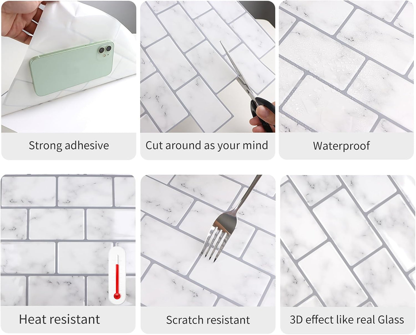 White Peel and Stick Backsplash Tiles for Kitchen, 10-Pack Self-Adhesive Waterproof Vinyl Bathroom Wall Tile(12 * 12 inches)
