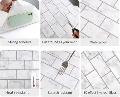 White Peel and Stick Backsplash Tiles for Kitchen, 10-Pack Self-Adhesive Waterproof Vinyl Bathroom Wall Tile(12 * 12 inches)