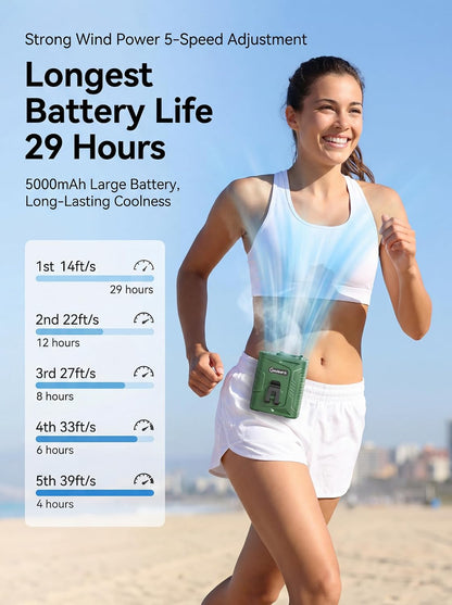 Waist Clip Fan - 5000mAh Rechargeable Portable Personal Fan, 39ft/s Ultra-Strong Wind, 29H Runtime, 5 Speeds, LED & SOS Light, for Outdoor, Camping, Hiking, Construction