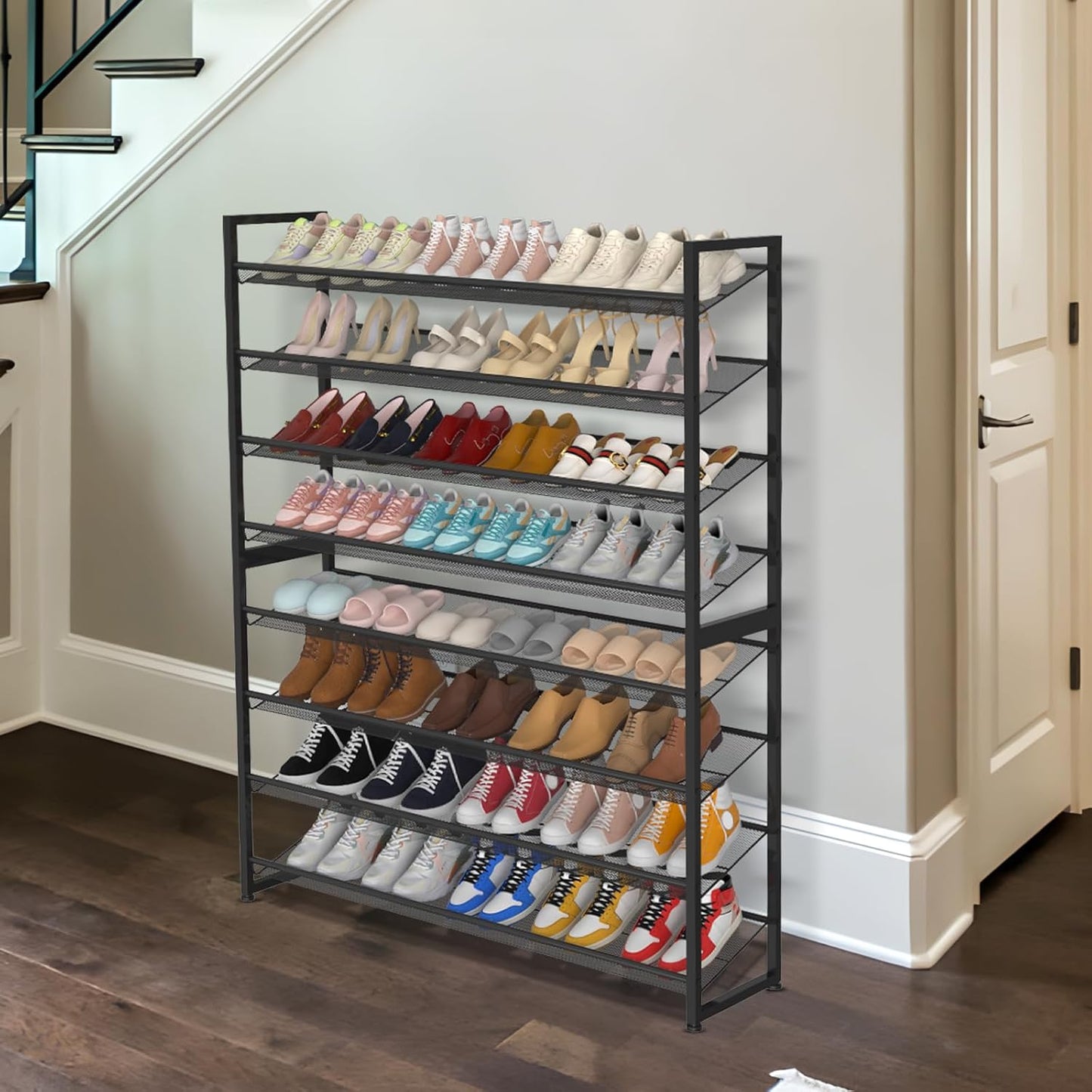 Large Shoe Rack 8 Tier Shoe Organizer, Heavy Duty Metal 4-Tier Stackable Shoe Storage Vertical Shoe Rack for Closet Front Door Entrance, Up to 50 Pairs, 44.8" W x 11.4" D x 56.7" H, Black