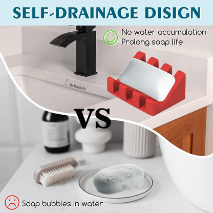 Self Draining Silicone Soap Dish Holder Waterfall Tray, 2 Pack Black | Waterfall design drains fast to keep soap dry, non-slip silicone base anti slide, soap saver for bathroom & kitchen