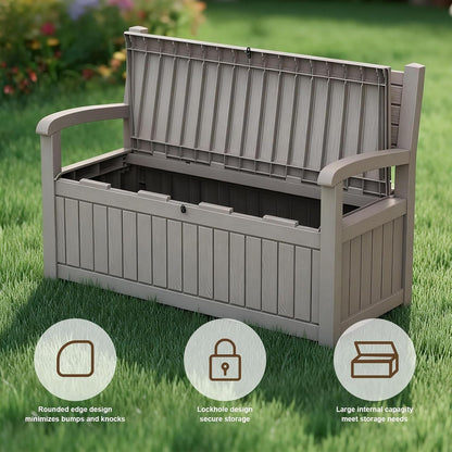 EasyUp 100 Gallon Outdoor Storage Bench, Waterproof Resin Deck Box with Lockable Lid Indoor Outdoor Storage Cushions Furniture Tools for Patio,Garden,and Porch (Beige)