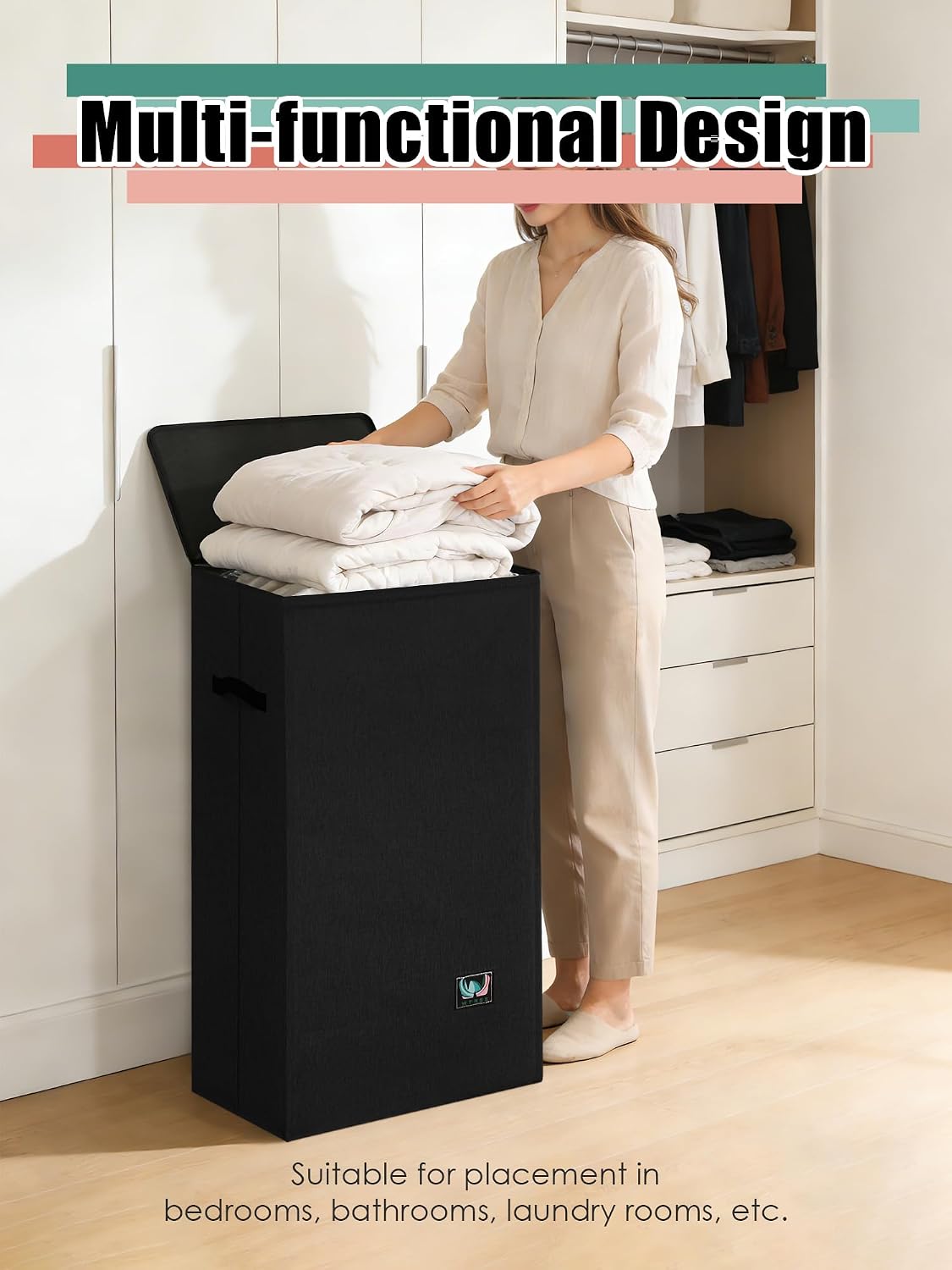 WTREE Laundry Hamper with Lid, Reinforced Sturdy Clothes Hamper with Anti-Puncture Base, Large Collapsible Laundry Basket with Removable Liner Bag, Tall Dirty Clothes Bin for Family, 100L Grey