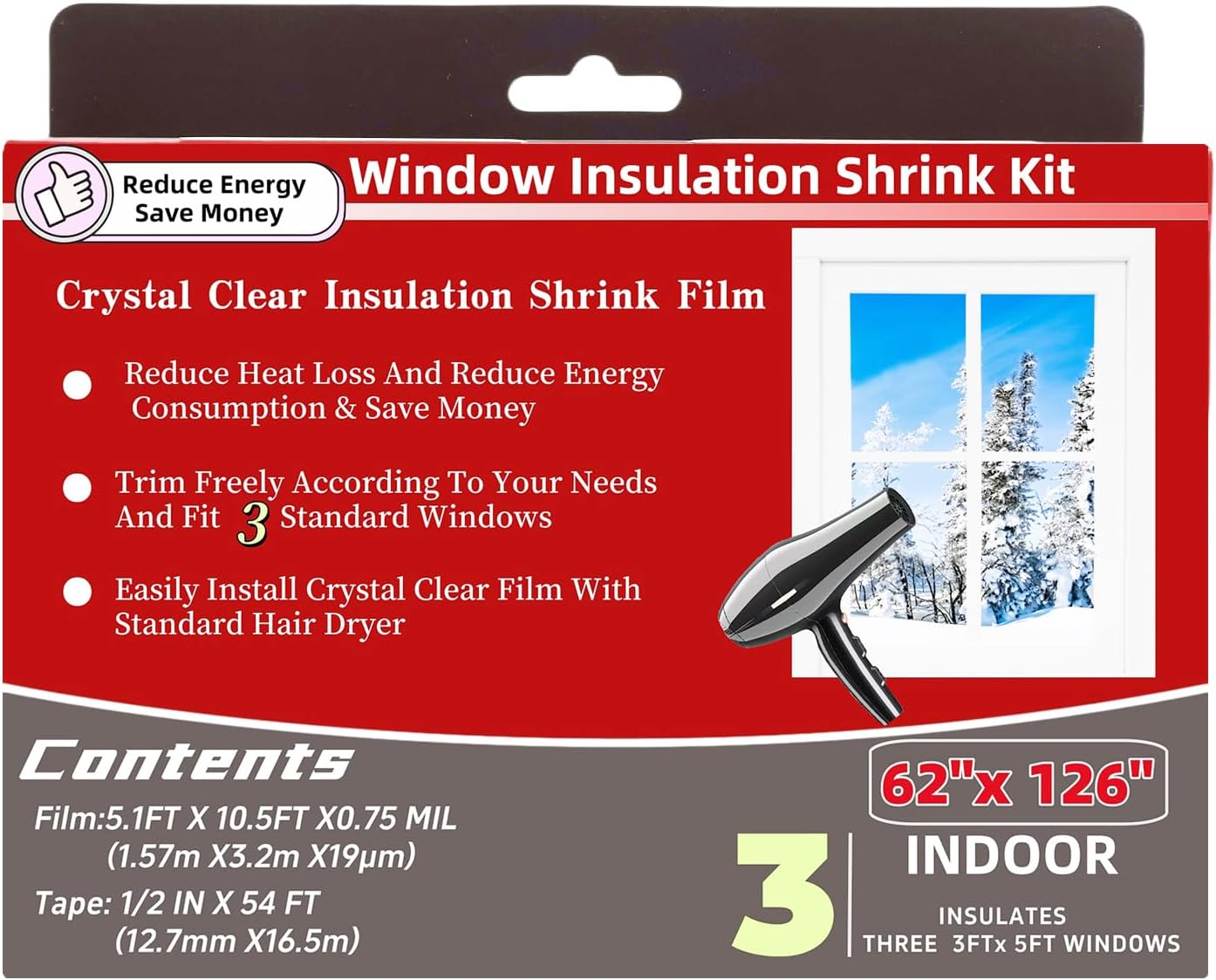 10-Window Shrink Film Window Insulation kit（62-Inch x 420-Inch），Insulating Film Window Kit Keeps Cold Air Out and Warm Air in (10 Windows)
