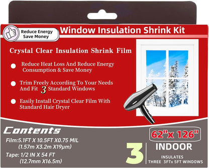 10-Window Shrink Film Window Insulation kit（62-Inch x 420-Inch），Insulating Film Window Kit Keeps Cold Air Out and Warm Air in (10 Windows)
