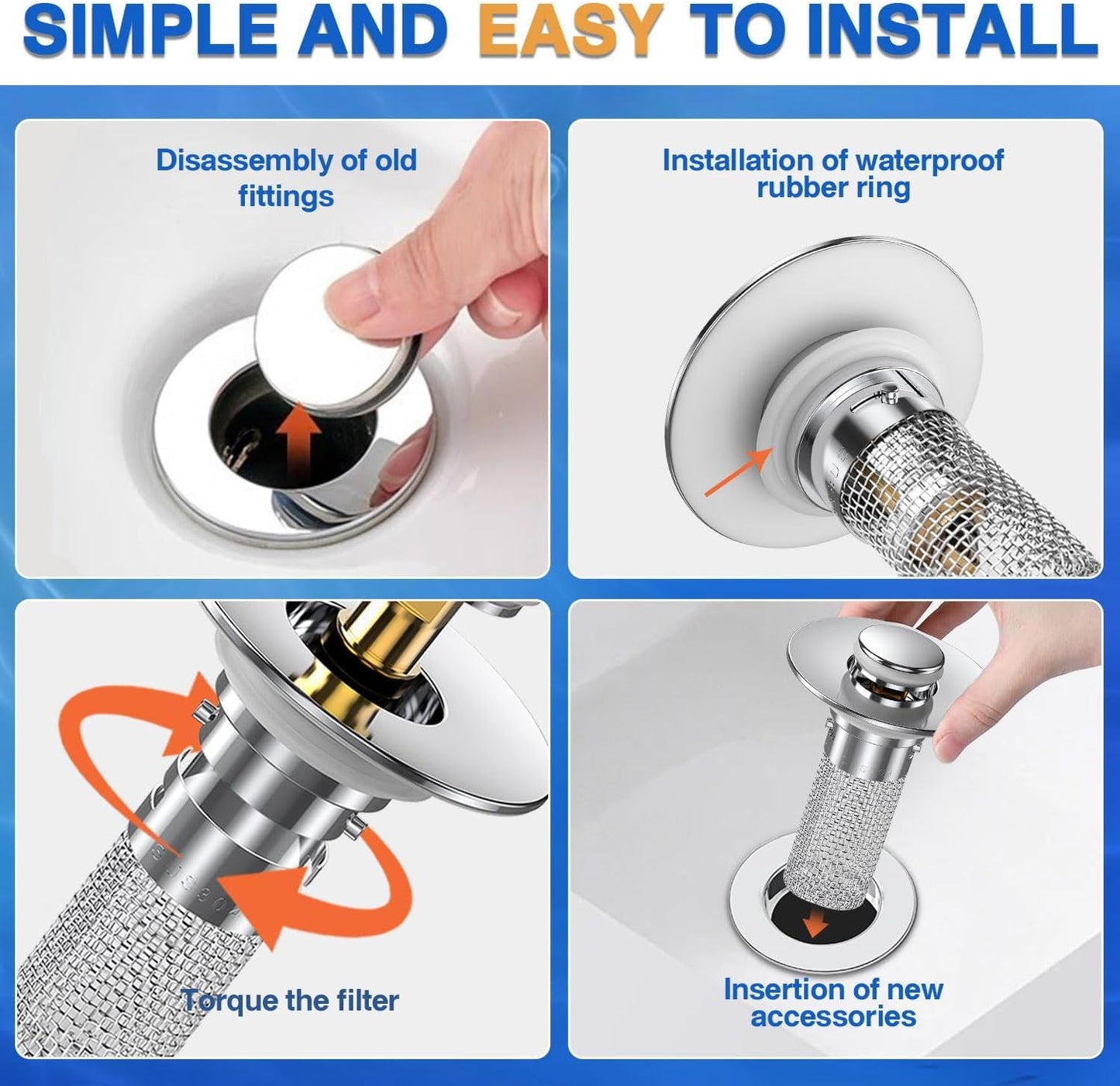 Bathroom Sink Stopper, Stainless Steel Removable Drain Strainer, Hair Catcher Basket, Bathroom Sink Plug Replacement (2 Pack)