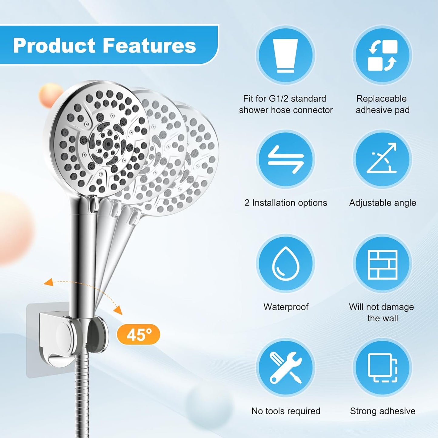 Hibbent Shower Head Holder, Strong Adhesive, Waterproof, Height Adjustable, Wall Mount, No Drilling, Matte Black