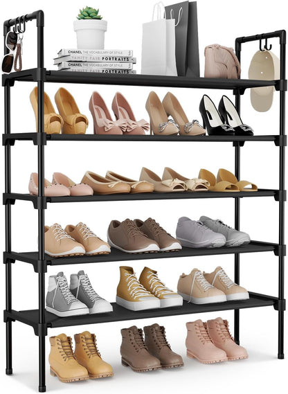 LANTEFUL 3 Tier Shoe Rack for Closet, Shoe Organizer with 5 Hooks, Long Shoe Shelf Storage for Sneaker and Boot Stackable Free Standing Shoe Rack for Entryway, Garage, Small Spaces, Dorm