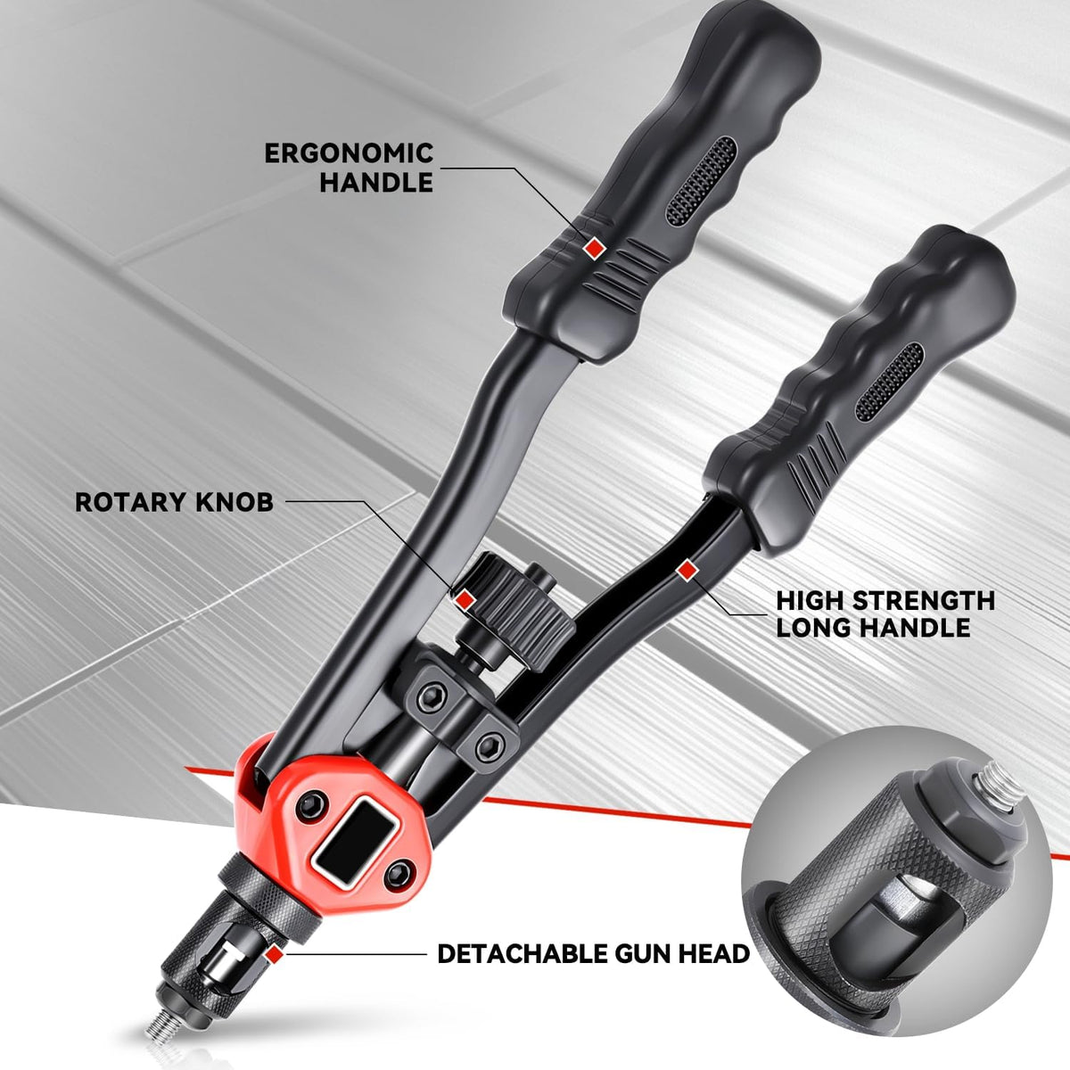 Auto Dynasty 21" Hand Riveter Rivet Nut Tool Set with 5 Guide Nozzle Silver Repair Hand Tool Kit Set for Home Household Office Warehouse