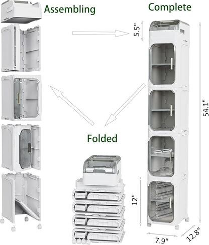 BINSIO 3-Tier Slim Bathroom Storage Cabinet for Toilet Side, Toilet Paper Storage Organizer, Narrow Rolling Bathroom Storage Cabinet with Transparent Doors for Small Space, Foldable Easy Assembly
