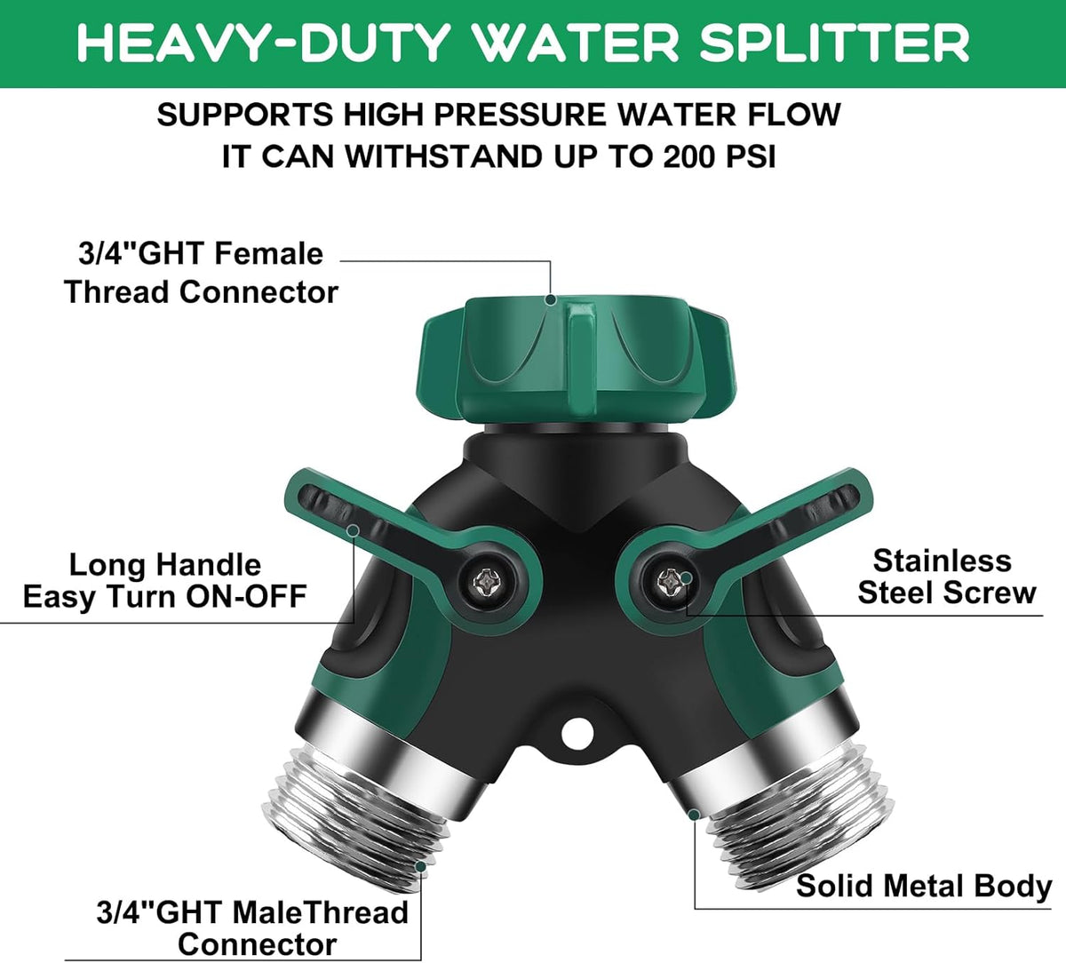 Hose Splitter 2 Way, 3/4" Garden Water Hose Splitter with Comfort Rubber Long Handle, Faucet Splitter, Y Heavy Duty Metal Connector with Comfortable Rubberized Grip for Outdoor Gardening Hoses(1 Pack)