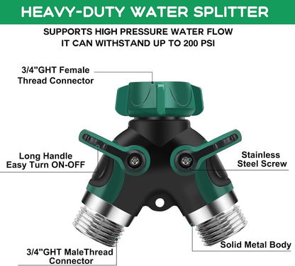 Hose Splitter 2 Way, 3/4" Garden Water Hose Splitter with Comfort Rubber Long Handle, Faucet Splitter, Y Heavy Duty Metal Connector with Comfortable Rubberized Grip for Outdoor Gardening Hoses(1 Pack)
