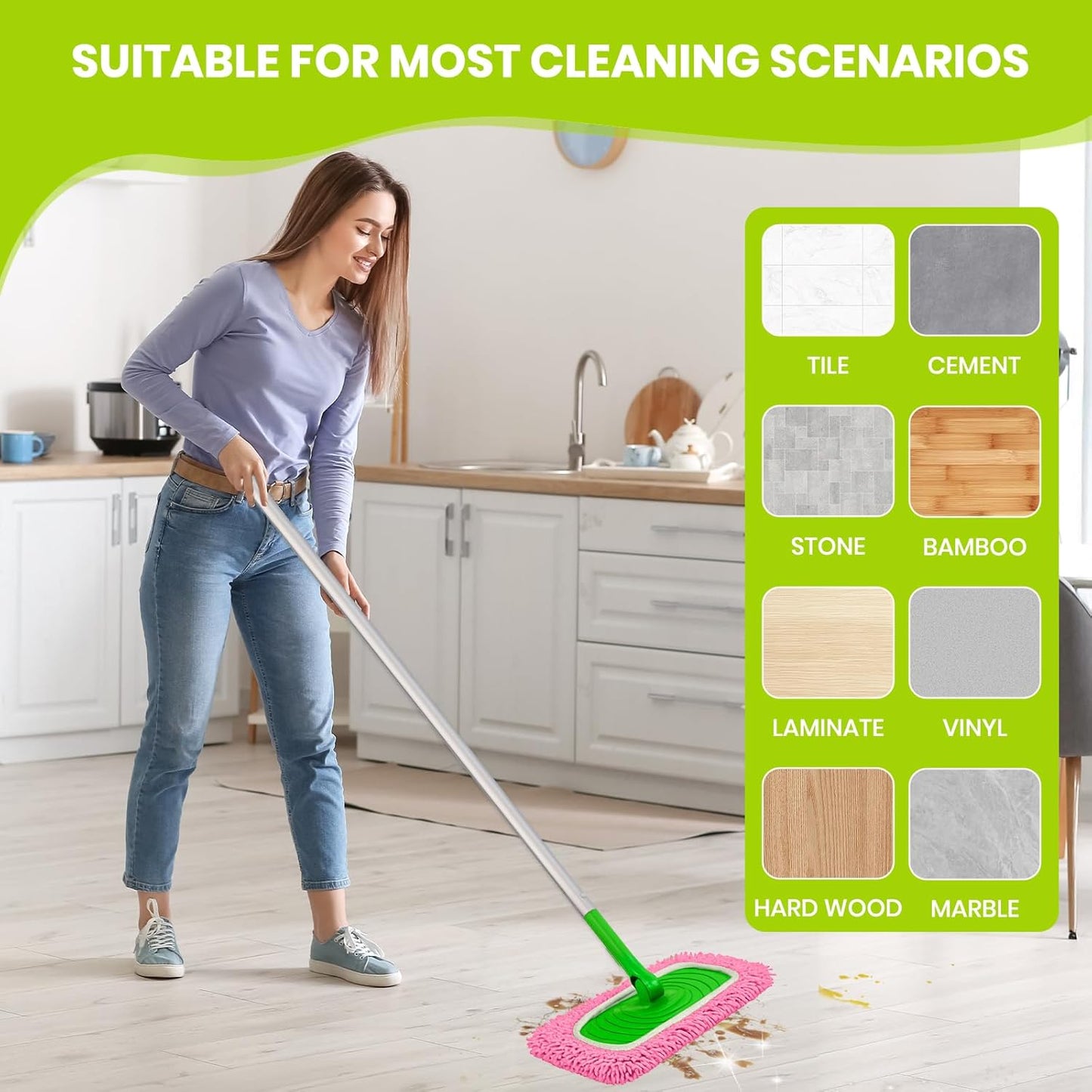 8 Pack Chenille Mop Pads, Reusable Microfiber Mop Refills for 10''–12'' Flat Mops, Washable Wet & Dry Floor Pads for Hardwood, Tile, Compatible with Swiffer Sweeper（Pink）