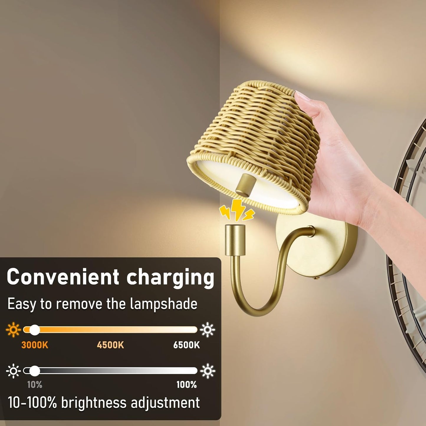 Battery Operated Wall Sconce Set of 2, Rechargeable Wireless Sconces with Dimmable Detachable Magnetic Bulbs and Remote, 3 Colors Wall Lights for Bedroom Living Room Hallway Fireplace