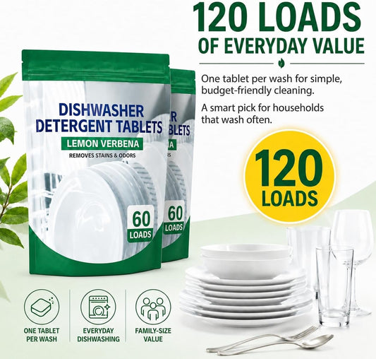Premium Dishwasher Tablets - Lemon Verbena, 60-Count. Advanced Grease & Odor Removal Formula for Sparkling Clean Dishes. (120 Count (Pack of 2))