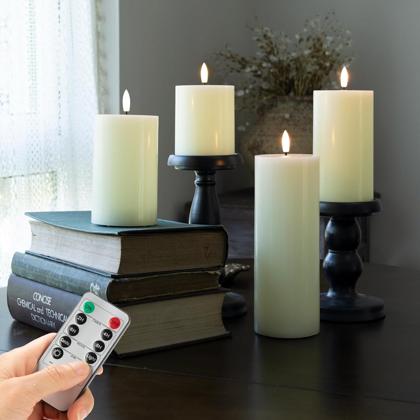 Flickering Flameless Candles, Real Wax Battery Operated Candles with Remote, Flat Top Led Flameless Pillar Candles for Home, Wedding, Party Decor, Set of 4, Φ 3" H 4" 5" 6" 8", Ivory