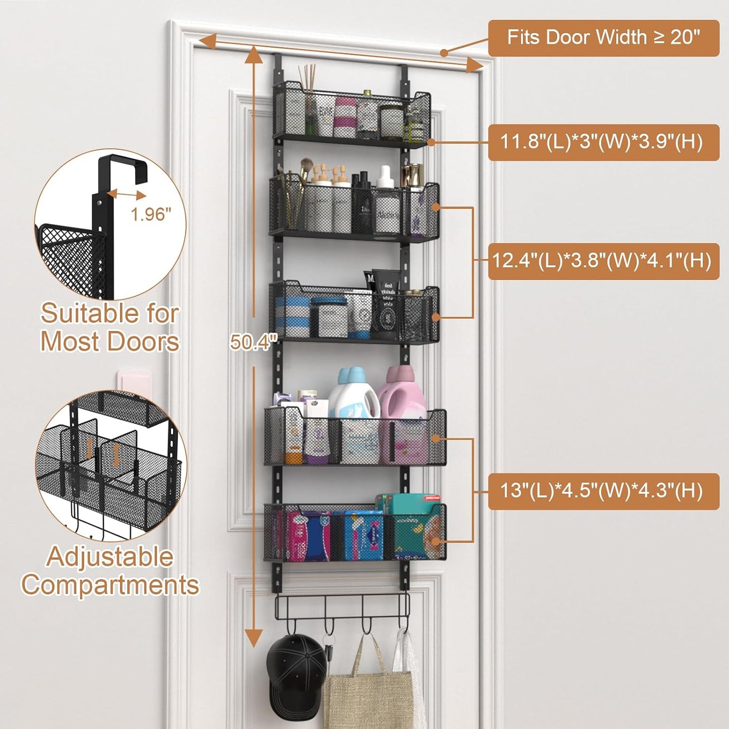 VyGrow Over The Door Organizer, Metal Door Organizer Hanging with 5 Adjustable Baskets and Coat Hook, Behind The Door Storage for Bedroom Closet Bathroom Pantry Cabinet Kitchen, Black
