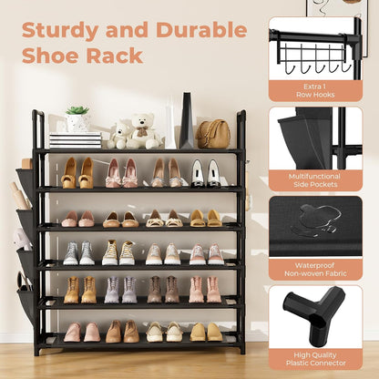 LANTEFUL 6 Tier Shoe Rack Storage for 24-30 Pairs Shoe and Boot, Shoe Organizer with Hook and Side Pocket Free Standing Long Shoe Shelf Tall Shoe Rack Organizer for Closet, Entryway, Dorm, White