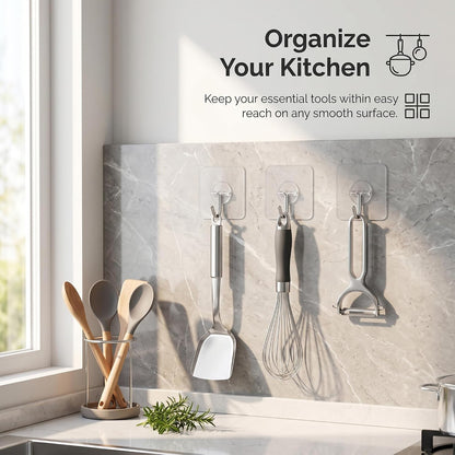 Adhesive Wall Hooks 12 Pack Heavy Duty Transparent Waterproof Hooks for Hanging Towels Coats Keys and Decor for Bathroom Kitchen Door Outdoor Use
