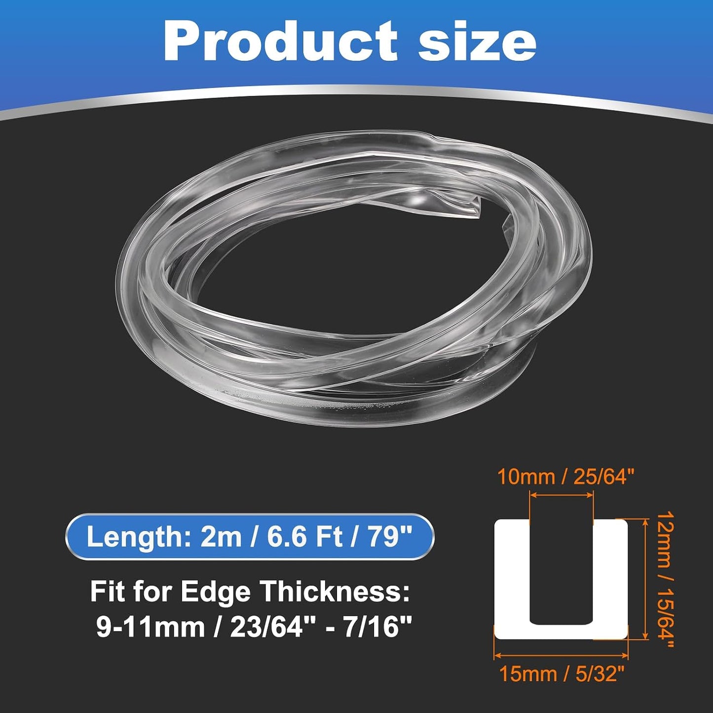 PATIKIL U Channel Rubber Edge Trim, (6.6 ft Long x 19/64" Width, 25/64" Slot for 23/64"-7/16" Thick Edge), Flexible Clear Rubber Seal Strip Protector, Suit for - Glass Tables/Metal Sheet