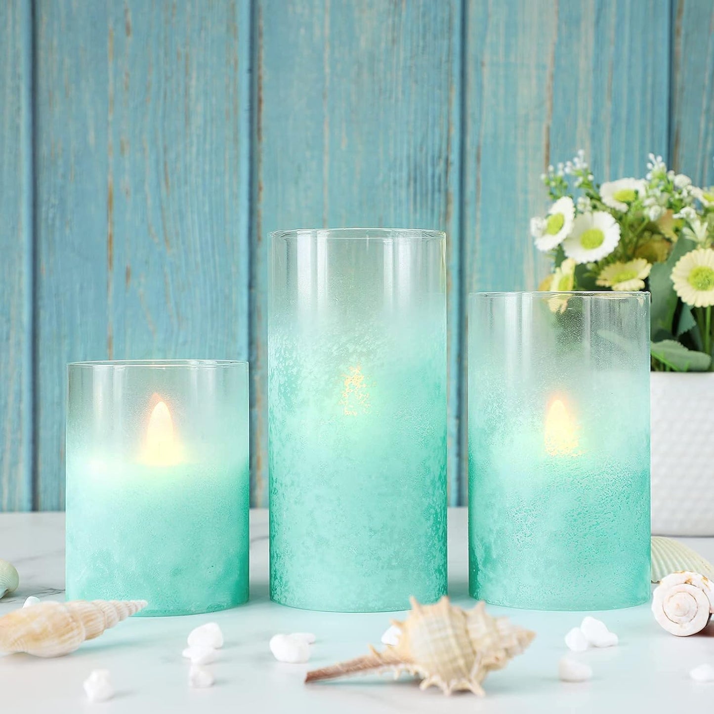 Glass Flameless Candles Flickering Battery Operated LED Pillar Candles Set of 3 with Timer and and 10-Key Remote Green Branch Floral Spring Summer Theme for Wedding Festival Home Decoration