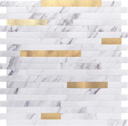 Art3d 10-Sheet Peel and Stick Backsplash Tile for Kitchen Bathroom Fireplace Laundry Room in White Slate with Gold Studded