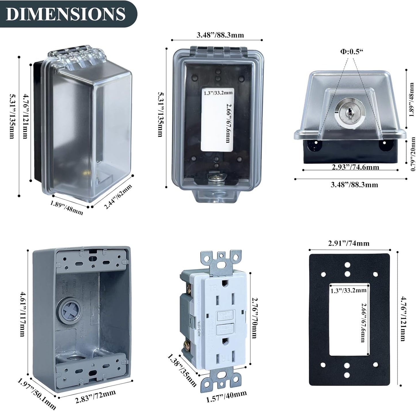 Universal Weatherproof Electrical Outlet Cover with Lock, Baby Proof Outlet Lock Box, Fits Most 2.6 "H x 2.56 "W or Smaller Plugs, Clear Outlet Waterproof Cover Box Fit for Outdoor In-Use
