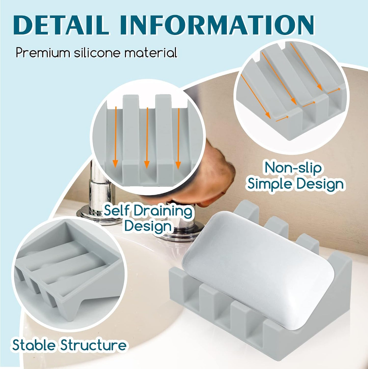 Self Draining Silicone Soap Dish with Suction Cups - Non-Slip Bar Soap Holder for Shower & Kitchen, Waterfall Tray Keeps Soap Dry, Easy Clean, Extends Soap Life (White, 1)