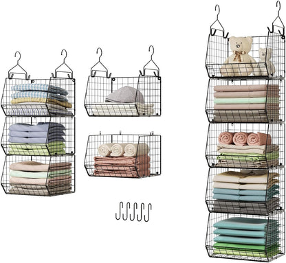X-cosrack 5 Tier Closet Hanging Organizer, Clothes Hanging Shelves with 4 Hanging Hooks 5 S Hooks, Wire Storage Basket Bins, for Clothing Sweaters Shoes Handbags Clutches Accessories Patent Design