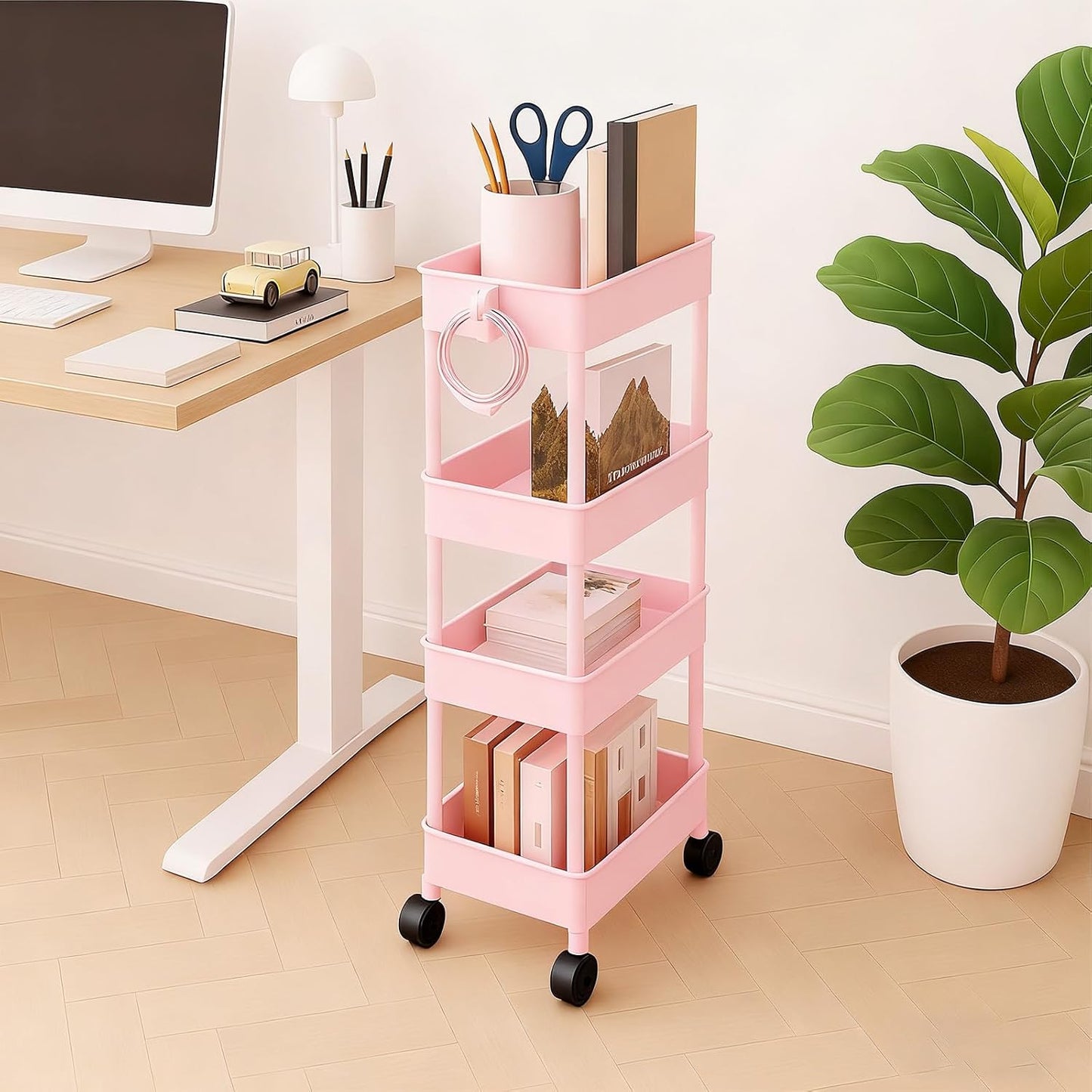 ShellKingdom 4 Tier Bathroom Storage Organizer, Slim Rolling Storage Cart for Narrow Space, Mobile Shelving Unit with Lockable Wheels and Hooks for Bathroom, Kitchen, Laundry Movable Shelf (Green)
