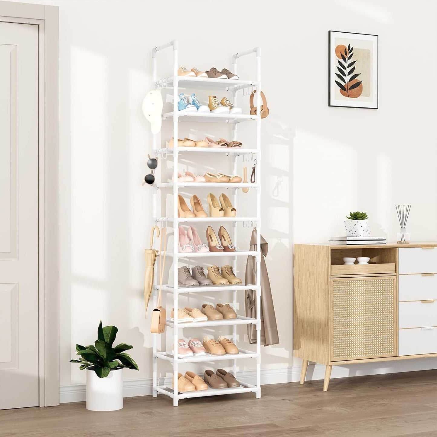 VTRIN 10 Tiers Tall Shoe Rack Holds 20-25 Pairs of Shoes Sturdy Vertical Shoe Organizer with 18pcs Hooks Stackable Narrow Shoe Rack for Closet, Entryway Black