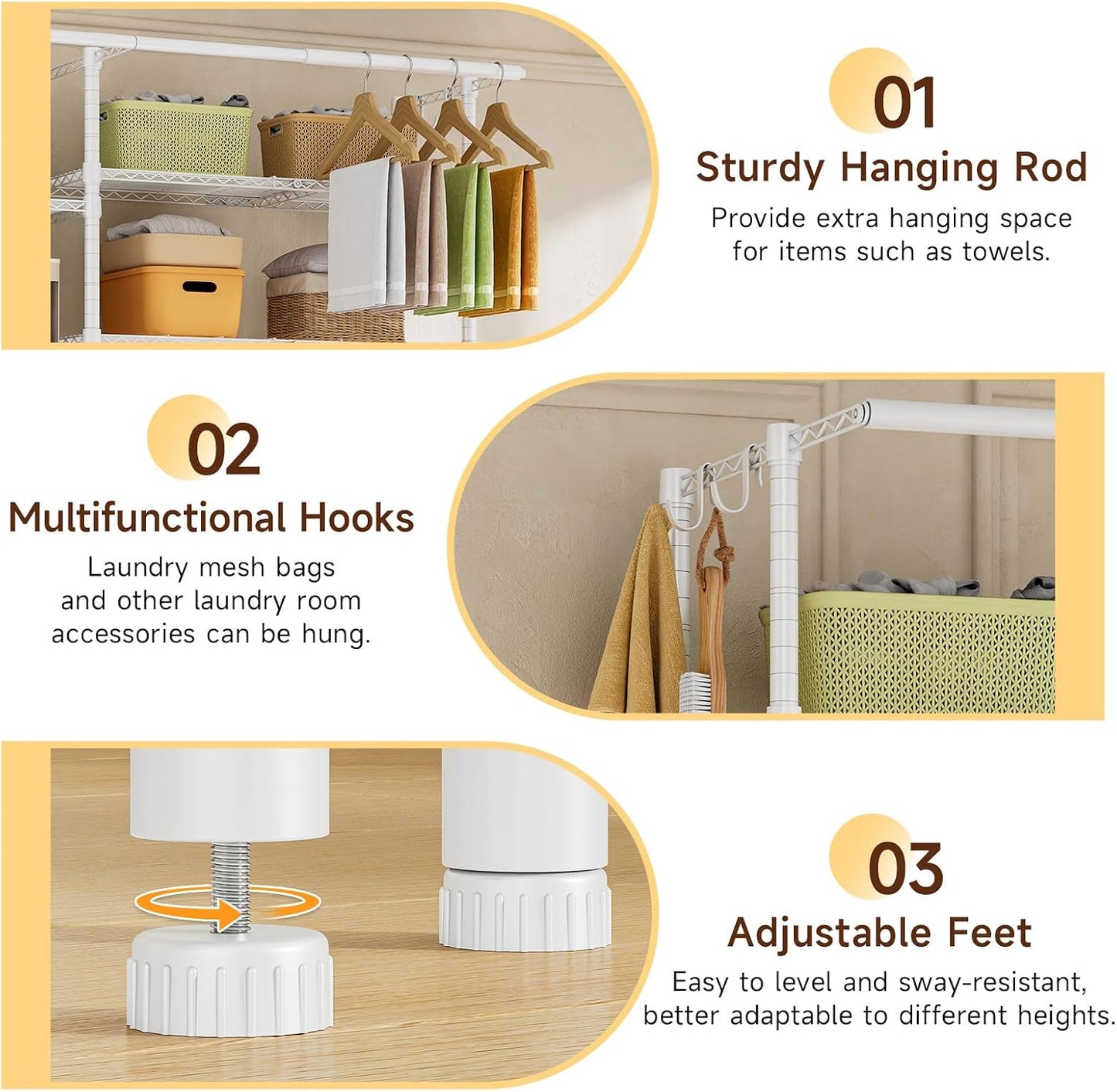 ONBRILL Expandable Over Washer and Dryer Shelves, 6 Tiers Laundry Room Organization and Storage with 2 Hanger Rods, 4 Hooks, Adjustable Height Metal Freestanding Clothes Drying Rack, Black