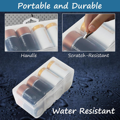 Home-X D Battery Storage Case - Clear, See-Through, Water Resistant D Battery Holder - Easy Access D Cell Battery Holder with Handle - Battery Organizer Storage Case Fits Up to 8 D Batteries