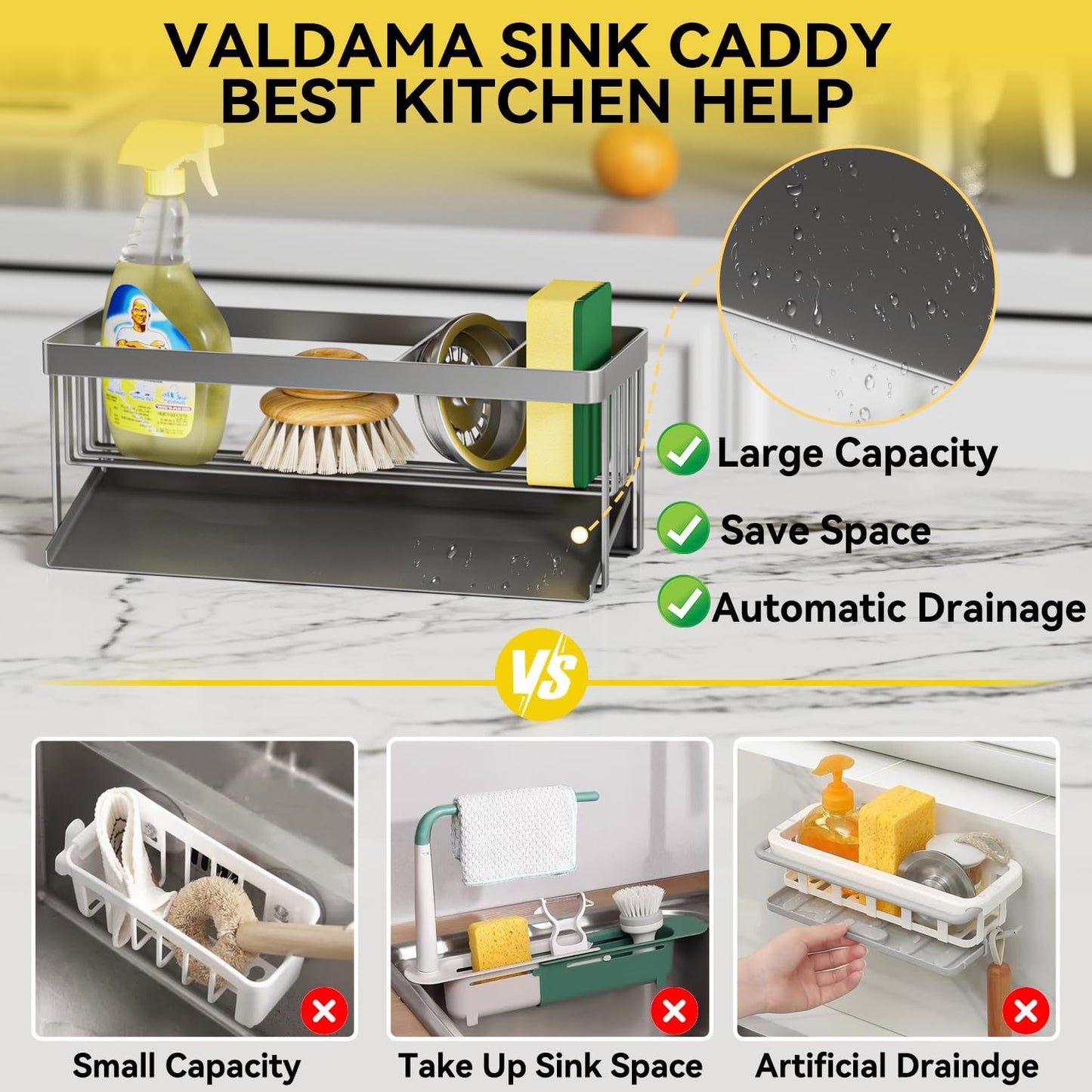 Kitchen Sink Caddy Organzier with Sponge Holder and Removable Drip Tray for Kitchen Sink, 304 Stainless Steel Organize for Sponge Soap Dish Brush Storage Accessories(Black)