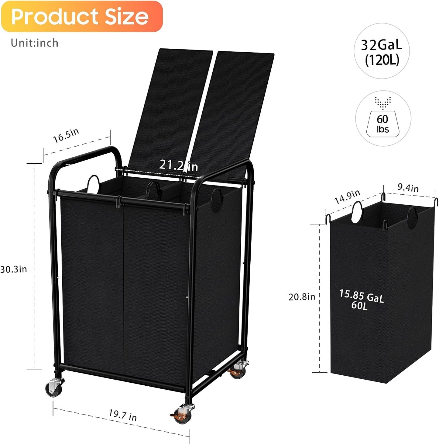 180L (47.55 Gal) Laundry Sorter 3 Section, Rolling Laundry Basket with Lockable Wheels and Lid, Laundry Hamper with 3 Separated Removable Bags Dirty Clothes Hamper for Laundry Room Organizer, Black