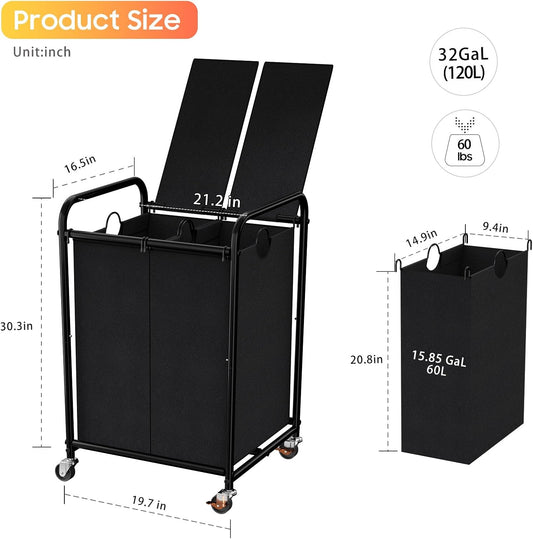 180L (47.55 Gal) Laundry Sorter 3 Section, Rolling Laundry Basket with Lockable Wheels and Lid, Laundry Hamper with 3 Separated Removable Bags Dirty Clothes Hamper for Laundry Room Organizer, Black
