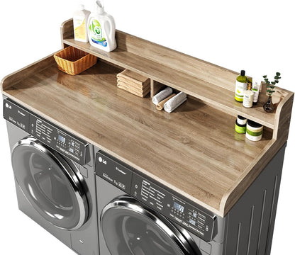 2-Tier Washer and Dryer Countertop with 2.75" H Guard,54" W x 27.5" D Laundry Countertop Cover with Non-Slip Pad,Large Space Laundry Topper for Folding Clothes Over Washer and Dryer-White