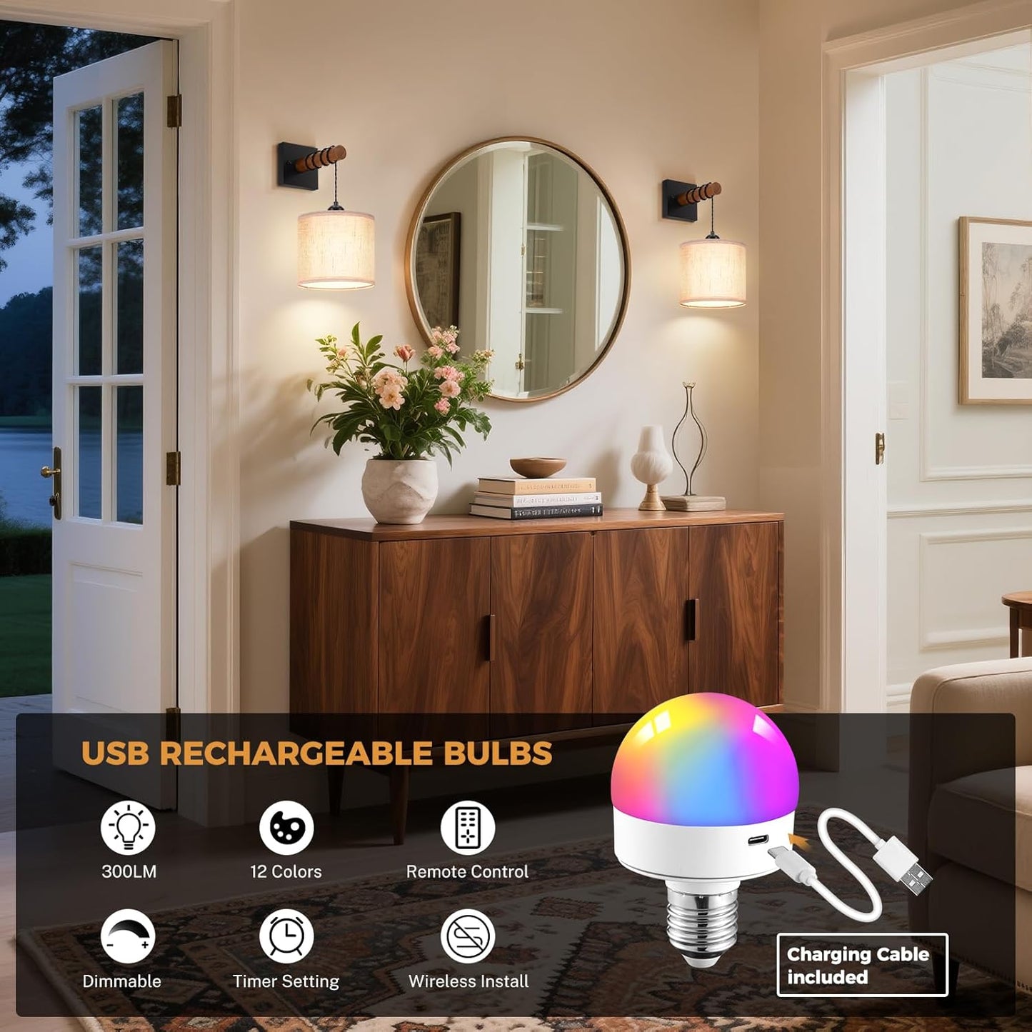 Rechargeable Battery Operated Wall Sconce Set of Two, 8000mAh Wireless Wall Sconces with RGB 15 Colors & Remote Control, Dimmable Wall Lamps for Living Room Bedroom, Gold