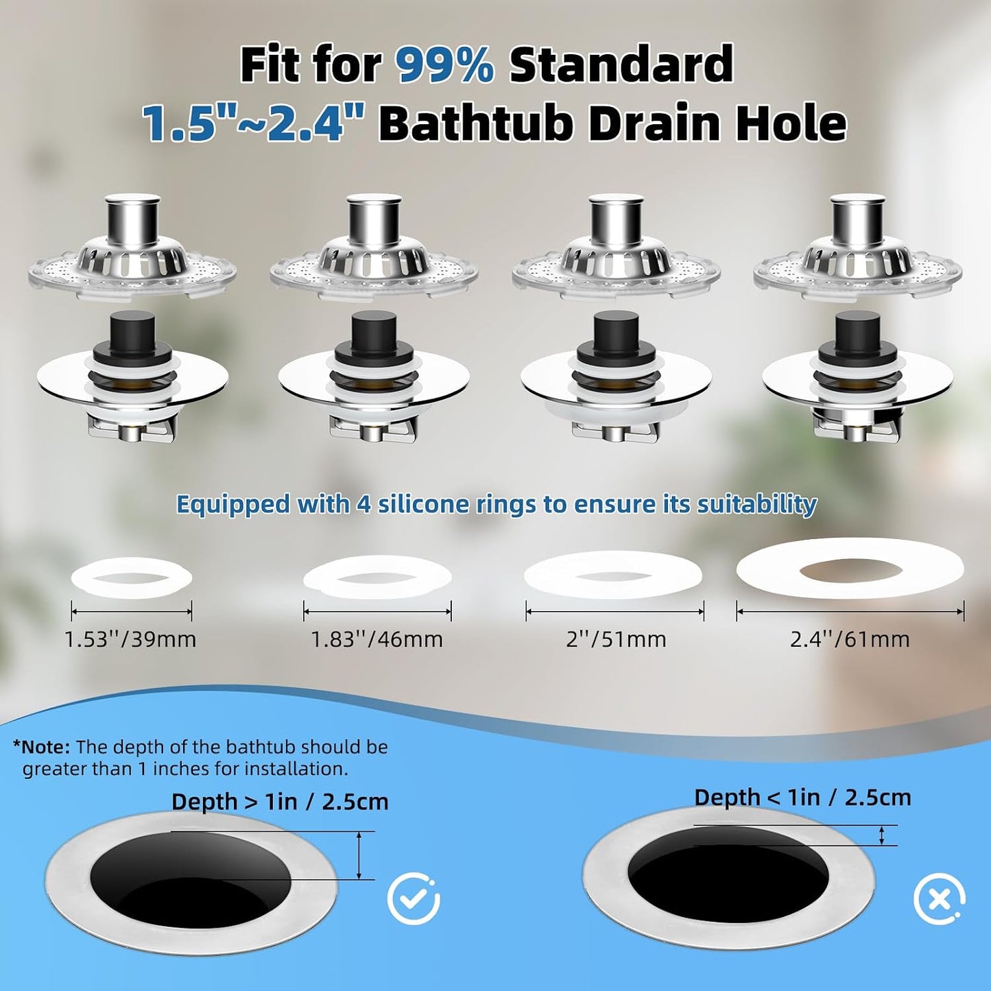 Universal Bathtub Drain Stopper Shower Drain Hair Catcher, Tub Stopper with Visible Top Strainer, Upgraded 3 in 1 Pop-up Drain Plug Fit for 1.5 to 2.4" Hole, Stainless Steel Filter Basket, Chrome