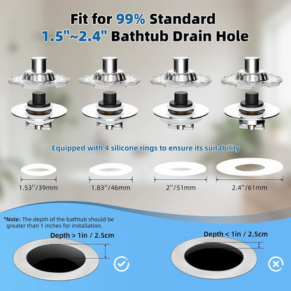 Universal Bathtub Drain Stopper Shower Drain Hair Catcher, Tub Stopper with Visible Top Strainer, Upgraded 3 in 1 Pop-up Drain Plug Fit for 1.5 to 2.4" Hole, Stainless Steel Filter Basket, Chrome