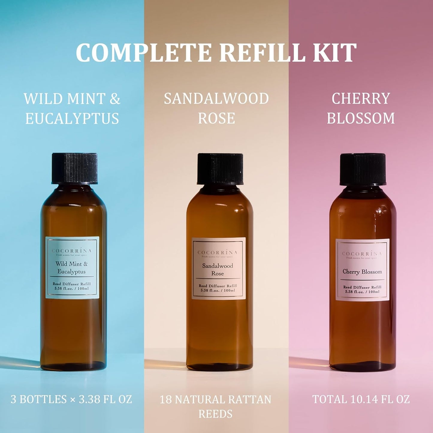 COCORRÍNA Reed Diffuser Refill Set, 10.2oz Scented Oil Refill 3 Pack, Clean Linen, Ocean Mist, Eucalyptus & Moss, Long Lasting Oil Diffuser Refill with 18 Sticks for Bathroom & Bedroom