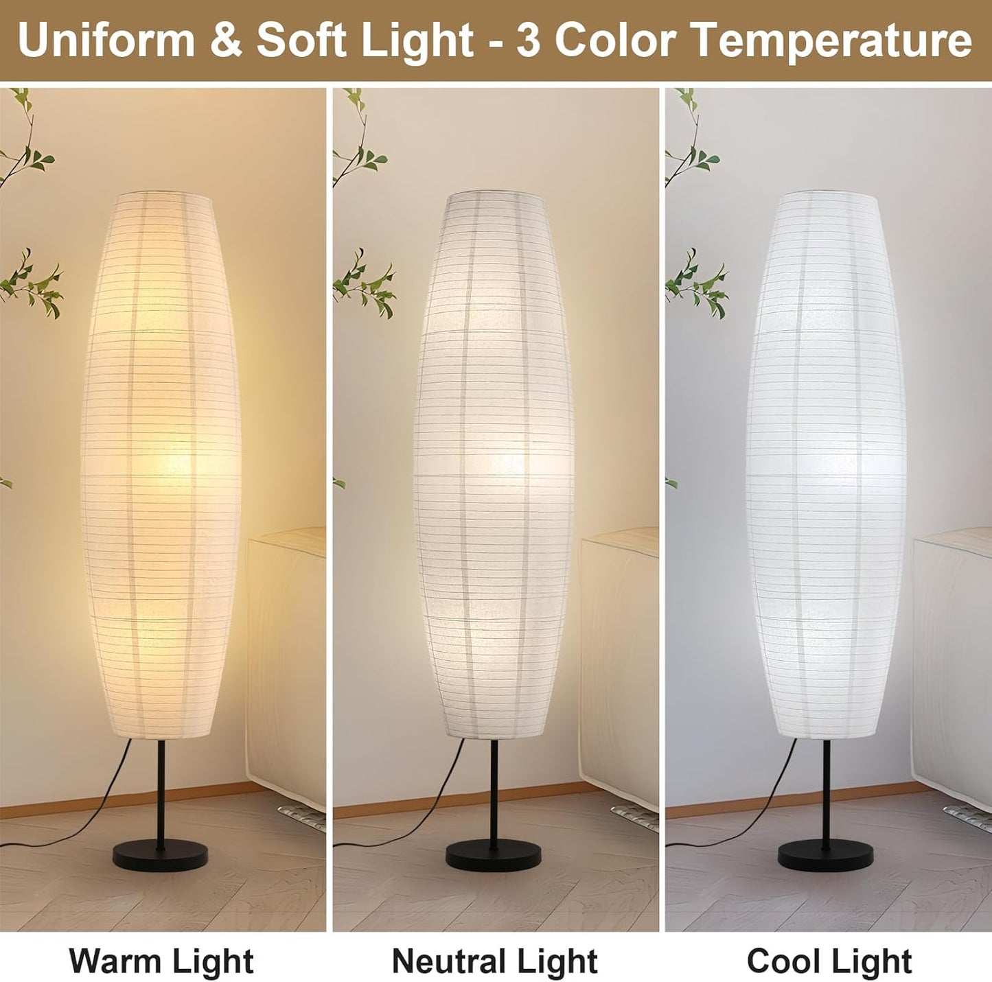 Paper Floor Lamp, White Rice Paper Lamp, 3-Lights, 3 Color Temperature LED Bulbs Included, 54.5in Wabi Sabi Japanese Lantern Standing Light, for Living Room Bedroom Office, 1 Pack