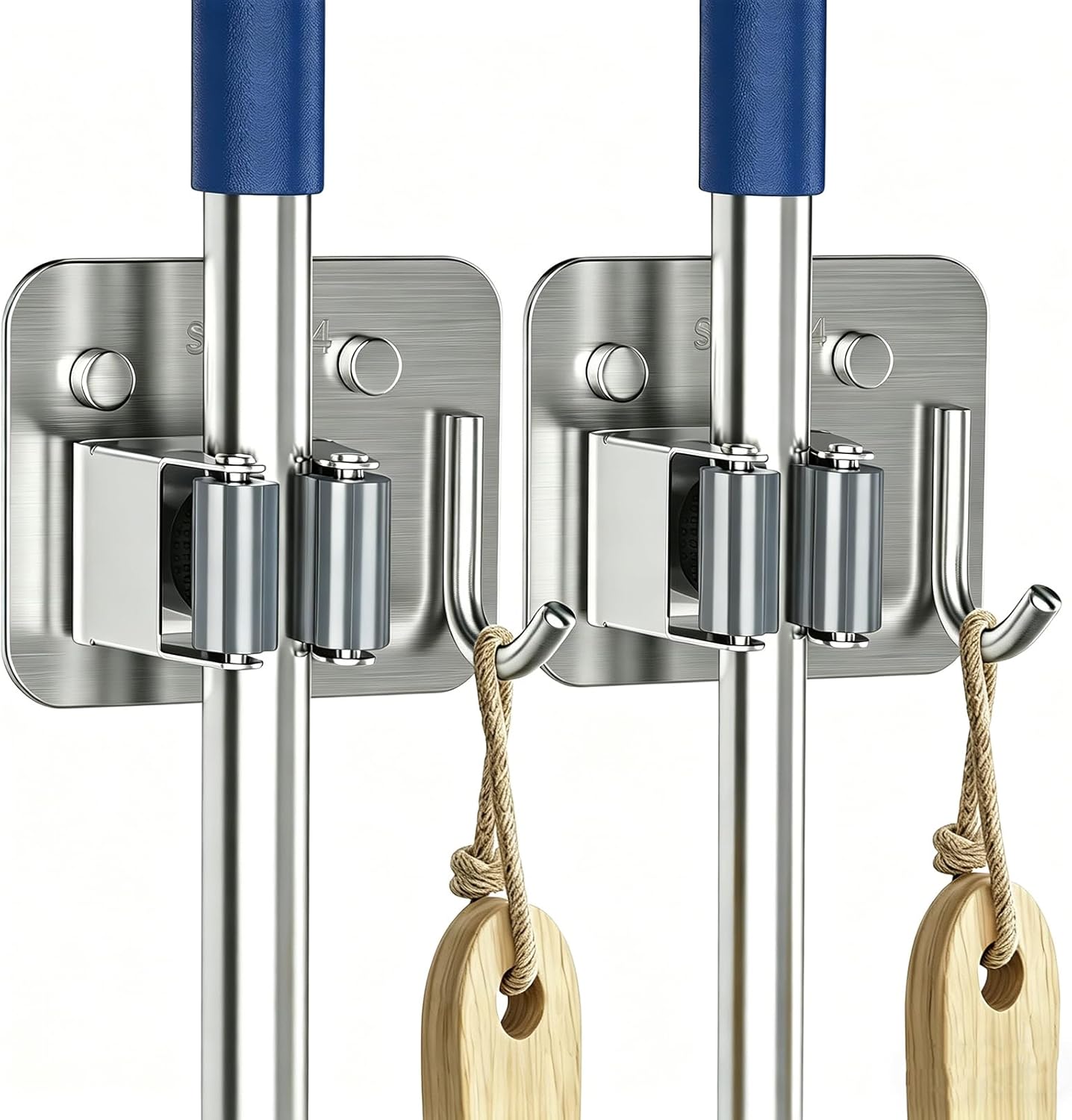 4 Pack Stainless Steel Mop and Broom Gripper with Hook, Screw Drilling or Self Adhesive Mop and Broom Holder Wall Mount, Storage Rack for Closet Laundry Garage Garden Tool Organizer, Silver