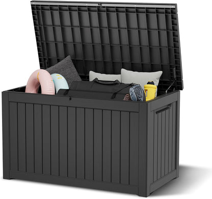 Outdoor Storage Box, 31 Gallon Resin Deck Boxes Outdoor Waterproof For Patio Furniture, Garden Tools, Pool Supplies, Lockable And UV Resistant (Rattan Gray)