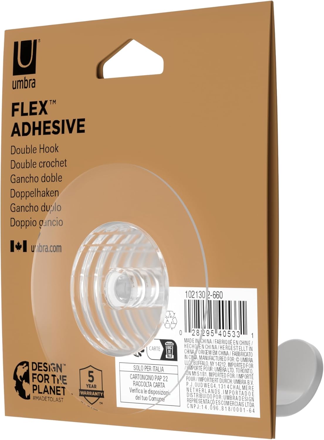 Umbra Flex Adhesive Double-Hook for Bathroom Shower Tub, Holds Towels, Washcloths, Loofahs, Razor, and More, White